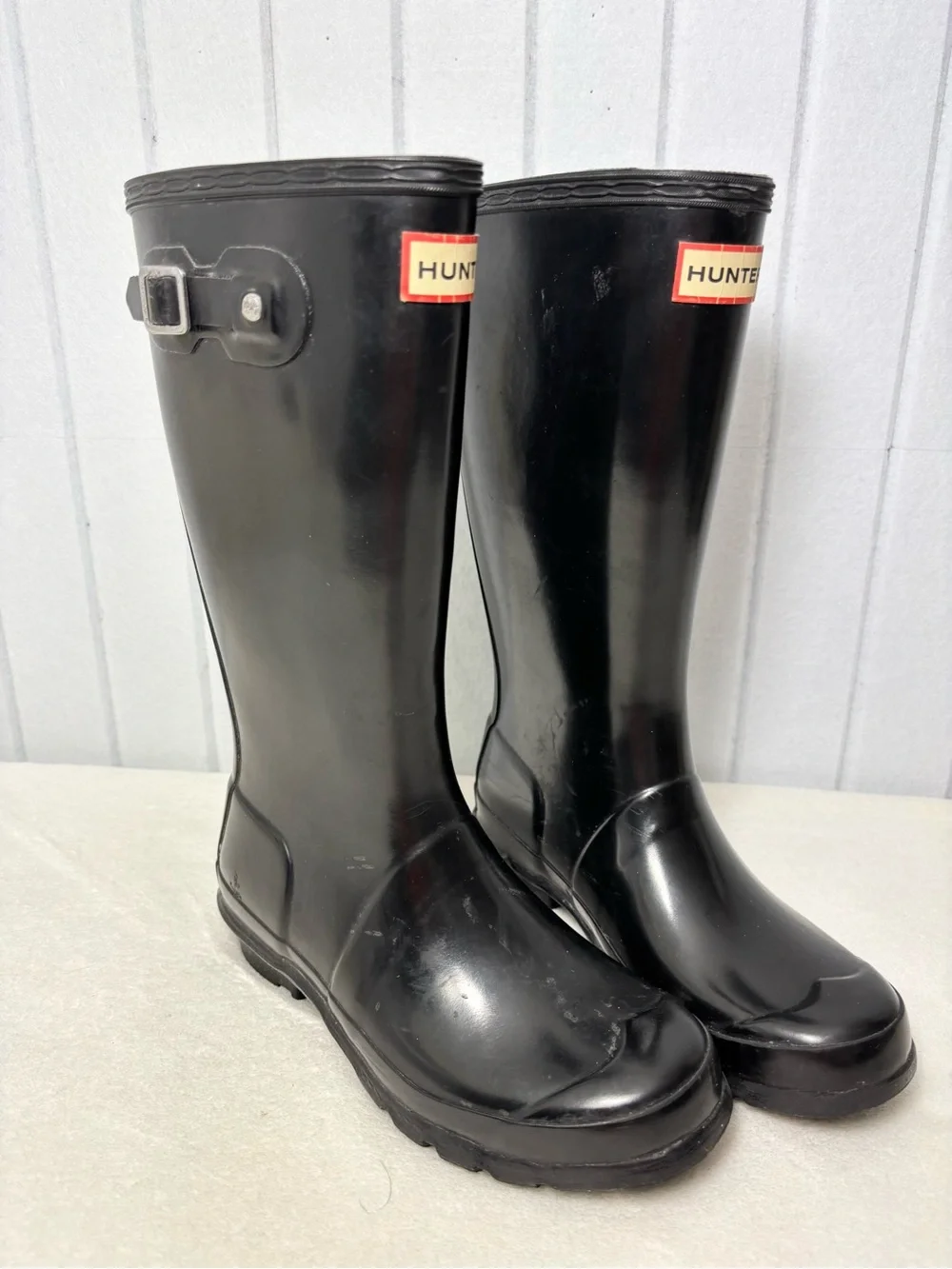 Hunter Black Gloss Knee-High Rain Boots‎ with Side Buckle Kid Size 3